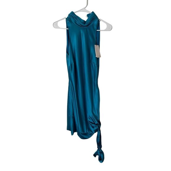 NWT Cinq A Sept Denise Mock Neck Tie Silk Mini Dress Pacific Blue Size 2 Y2k - Picture 2 of 12